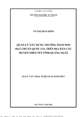 Quản lý xây dựng trường mầm non đạt chuẩn quốc gia trên địa bàn các huyện miền núi tỉnh quảng ngãi