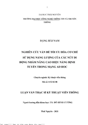 Nghiên cứu vấn đề tối ưu hóa cơ chế sử dụng năng lượng của các nút di động nhằm nâng cao hiệu năng định tuyến trong mạng ad hoc