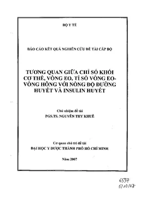 Tương quan giữa chỉ số khối cơ thể vùng eo tỉ số vòng eo vòng hông với nồng độ đường huyết và insulin huyết ðại học y dược tp hồ chí minh