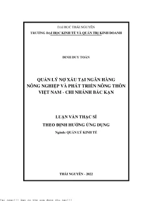 Quản lý nợ xấu tại ngân hàng nông nghiệp và phát triển nông thôn việt nam chi nhánh bắc kạn