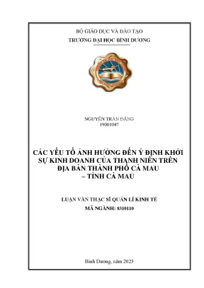 Các yếu tố ảnh hưởng đến ý định khởi sự kinh doanh của thanh niên trên địa bàn thảnh phố cà mau tỉnh cà mau