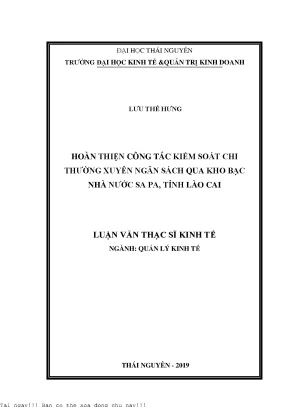 Hoàn thiện công tác kiểm soát chi thường xuyên ngân sách qua kho bạc nhà nước sa pa tỉnh lào cai