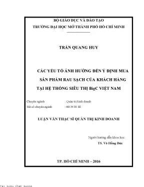 Các yếu tố ảnh hưởng đến ý định mua sản phẩm rau sạch của khách hàng tại siêu thị bigc việt nam