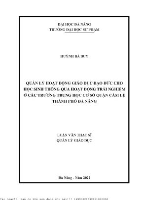 Quản lý hoạt động giáo dục đạo đức cho học sinh thông qua hoạt động trải nghiệm ở các trường trung học cơ sở quận cẩm lệ thành phố đà nẵng