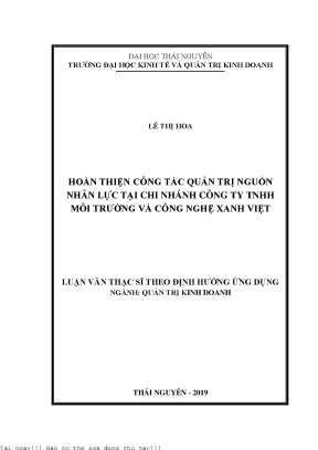 Hoàn thiện công tác quản trị nguồn nhân lực tại chi nhánh công ty trách nhiệm hữu hạn môi trường và công nghệ xanh viêt