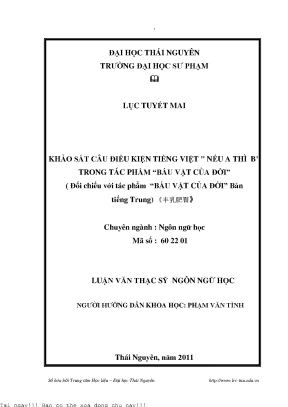 Khảo sát câu điều kiện tiếng việt nếu a thì b trong tác phẩm báu vật của đời đối chiếu với tác phẩm báu vật của đời bản tiếng trung