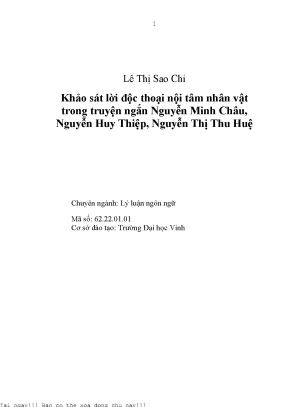 Khảo sát lời độc thoại nội tâm nhân vật trong truyện ngắn nguyễn minh châu nguyễn huy thiệp nguyễn thị thu huệ