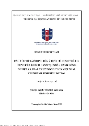 Các yếu tố tác động đến ý định sử dụng thẻ tín dụng của khách hàng tại ngân hàng nông nghiệp và phát triển nông thôn việt nam chi nhánh tỉnh bình dương 2022