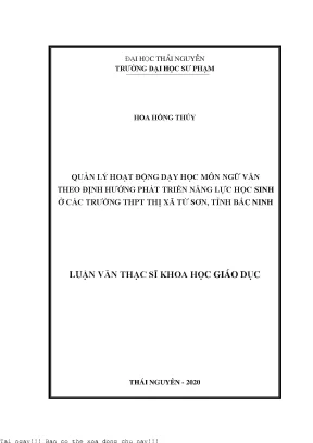 Quản lý hoạt động dạy học môn ngữ văn theo định hướng phát triển năng lực học sinh ở các trường thpt thị xã từ sơn tỉnh bắc ninh
