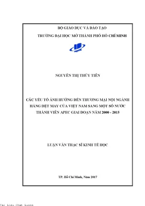 Các yếu tố ảnh hưởng đến thương mại nội ngành hàng dệt may của việt nam sang một số nước thành viên apec giai đoạn 2000 2015