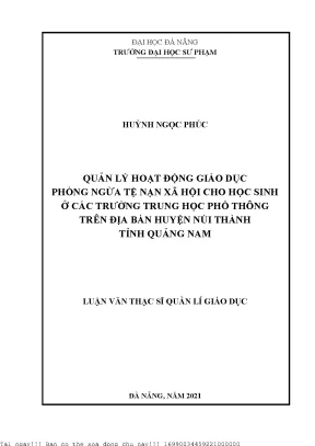 Quản lý hoạt động giáo dục phòng ngừa tệ nạn xã hội cho học sinh ở các trường trung học phổ thông trên địa bàn huyện núi thành tỉnh quảng nam