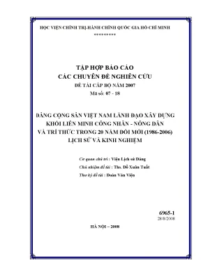 Đảng cộng sản việt nam lãnh đạo xây dựng khối liên minh công nhân nông dân và trí thức trong 20 năm đối mới 1986 2006 lịch sử và kinh nghiệm