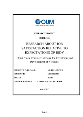 Research about job satisfaction relative to expectations of bidv joint stock commercial bank for invement and development of vietnam
