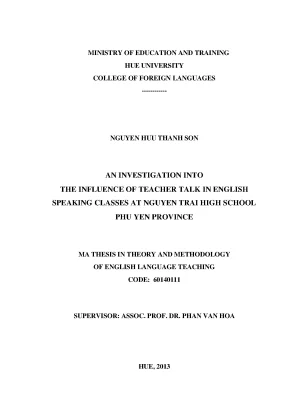 An investigation into the influence of teacher talk in english speaking classes at nguyen trai high school phu yen province