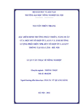 Đặc điểm sinh trưởng phát triển năng suất của một số tổ hợp ớt lai f1 và ảnh hưởng lượng phân bón npk đến tổ hợp ớt lai kn7 trồng tại gia lâm hà nội
