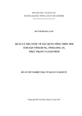 Luận văn thạc sĩ quản lý kinh tế quản lý nhà nước về xây dựng nông thôn mới ở huyện vĩnh hưng tỉnh long an thực trạng và giải pháp