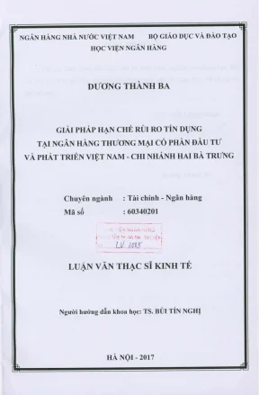 Luận văn thạc sĩ tài chính ngân hàng giải pháp hạn chế rủi ro tín dụng tại ngân hàng thương mại cổ phần đầu tư và phát triển việt nam chi nhánh hai bà trưng