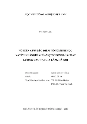 Nghiên cứu đặc điểm nông sinh học và tính kháng rầy của một số dòng lúa chất lượng cao tại gia lâm hà nội