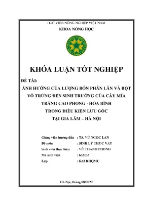 Ảnh hưởng của lượng bón phân lân và bột vỏ trứng đến sinh trưởng của cây mía trắng cao phong hòa bình trong điều kiện lưu gốc tại gia lâm hà nội