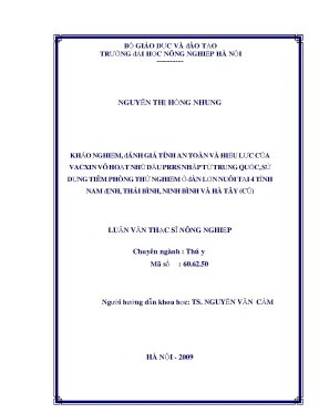 Khảo nghiệm đánh giá tính an toàn và hiệu lực của vacxin vô hoạt nhũ dầu prrs nhập từ trung quốc sử dụng tiêm phòng thử nghiệm ở đàn lợn nuôi tại 4 tỉnh nam đinh thái bình nin