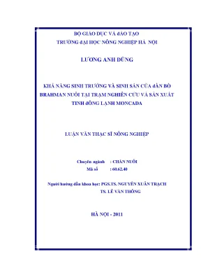 Khả năng sinh trưởng và sinh sản của đàn bò brahman nuôi tại trạm nghiên cứu và sản xuất tinh đông lạnh moncada