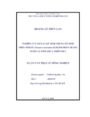 Nghiên cứu một số ký sinh trùng ký sinh trên tôm sú penaues monodon bị bệnh phân trắng nuôi tại tỉnh thừa thiên huế