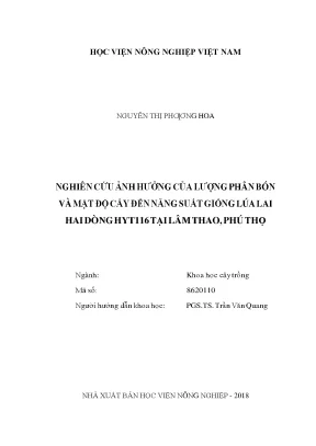 Nghiên cứu ảnh hưởng của lượng phân bón và mật độ cấy đến năng suất giống lúa lai hai dòng hyt116 tại lâm thao phú thọ