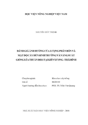 Đánh giá ảnh hưởng của lượng phân bón và mật độ cấy đến sinh trưởng và năng suất giống lúa thuần ddh tại kiến xương thái bình