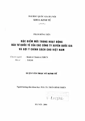 Luận văn thạc sĩ kinh tế chính trị đặc điểm mới trong hoạt động đầu tư quốc tế của các công ty xuyên quốc gia và gợi ý chính sách cho việt nam