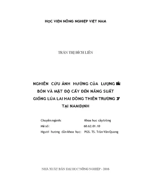 Nghiên cứu ảnh hưởng của lượng phân bón và mật độ cấy đến năng suất giống lúa lai hai dòng thiên trường 217 tại nam định