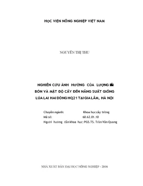 Nghiên cứu ảnh hưởng của lượng phân bón và mật độ cấy đến năng suất giống lúa lai hai dòng hq21 tại gia lâm hà nội