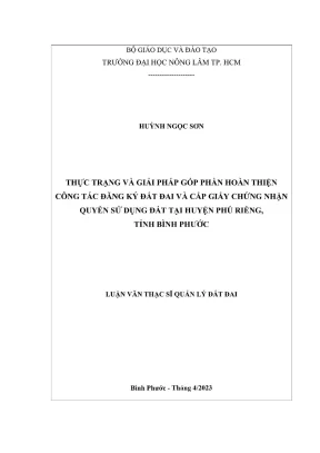 Luận văn thạc sĩ quản lý đất đai thực trạng và giải pháp góp phần hoàn thiện công tác đăng ký đất đai và cấp giấy chứng nhận quyền sử dụng đất tại huyện phú riềng tỉnh bình phước