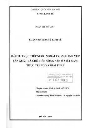 Luận văn thạc sĩ kinh tế chính trị đầu tư trực tiếp nước ngoài trong lĩnh vực sản xuất và chế biến nông sản ở việt nam thực trạng và giải pháp