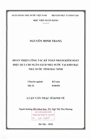 Luận văn thạc sĩ kế toán hoàn thiện công tác kế toán nhằm kiểm soát hiệu quả chi ngân sách nhà nước tại kho bạc nhà nước tỉnh bắc ninh