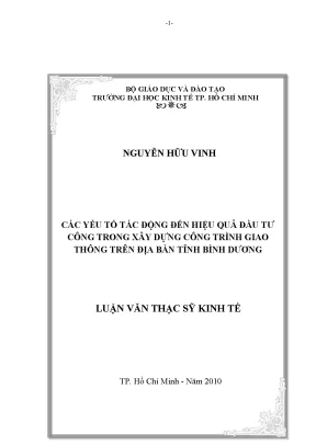 Luận văn các yêu tố tác động đến hiệu quả đầu tư công trong xây dựng công trình giao thông trên địa bàn tỉnh bình dương luận văn thạc sĩ