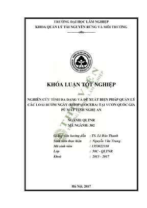 Nghiên cứu tính đa dạng và đề xuất biện pháp quản lý các loài bướm ngày rhopaloceera tại vuờn quốc gia pù mát