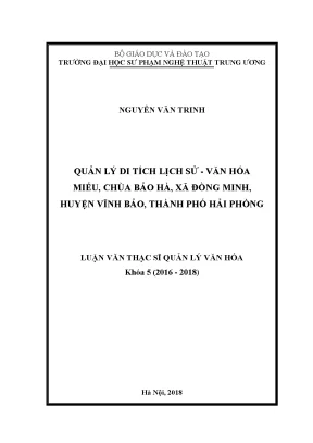 Luận văn thạc sĩ quản lý di tích lịch sử văn hóa miếu chùa bảo hà xã đồng minh huyện vĩnh bảo thành phố hải phòng
