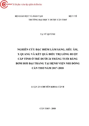 1559 nghiên cứu đặc điểm lâm sàng siêu âm xquang và kết quả điều trị lồng ruột cấp tính ở trẻ dưới 24 tháng tuổi bằng bơm hơi đại tràng tại bv nhi đồng cần