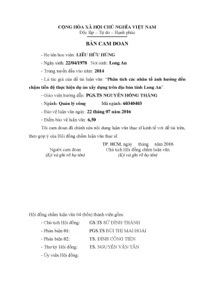 Luận văn phân tích các nhân tố ảnh hưởng đến chậm tiến độ thực hiện dự án xây dựng trên địa bàn tỉnh long an