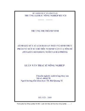 Đánh giá mức độ đảm bảo an toàn vệ sinh thực phẩm về một số chỉ tiêu vi sinh vật của tôm sú penaeus monodon nuôi tại hải phòng