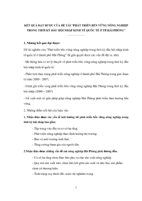 Luận văn phát triển bền vững nông nghiệp trong thời kỳ đầu hội nhập kinh tế quốc tế ở thành phố hải phòng