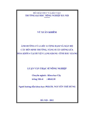 Ảnh hưởng của liều lượng đạm và mật độ cấy đến sinh trưởng năng suất giống lúa hoa khôi 4 tại huyện lạng giang tỉnh bắc giang