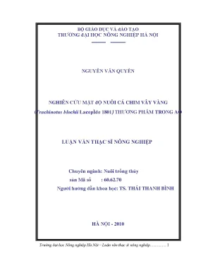 Nghiên cứu mật độ nuôi cá chim vây vàng trachinotus blochii lacepède 1801 thương phẩm trong ao