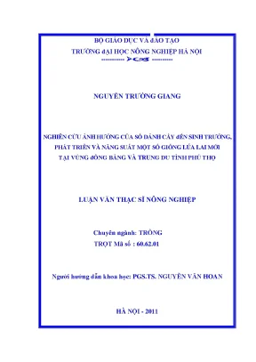 Nghiên cứu ảnh hưởng của số dảnh cấy đến sinh trưởng phát triển và năng suất một số giống lúa lai mới tại vùng đồng bằng và trung du tỉnh phú thọ