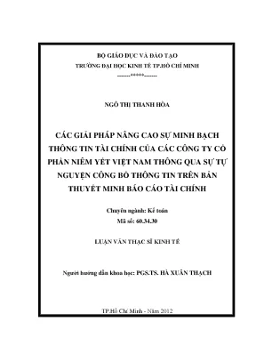 Luận văn các giải pháp nâng cao sự minh bạch thông tin tài chính của các công ty cổ phần niêm yết việt nam thông qua sự tư nguyện công bố thông tin trên bản thuyết minh báo cáo tài chính