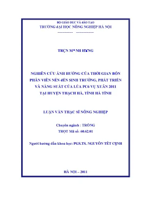 Nghiên cứu ảnh hưởng của thời gian bón phân viên nén đến sinh trưởng phát triển và năng suất của lúa pc6 vụ xuân 2011 tại huyện thạch hà hà tĩnh
