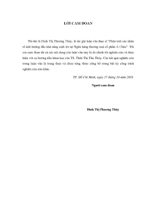 Luận văn phân tích các nhân tố ảnh hưởng đến khả năng sinh lợi tại ngân hàng thương mại cổ phần á châu