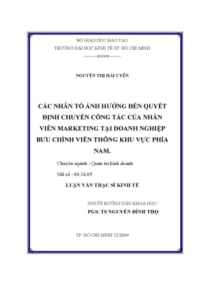 Luận văn các nhân tố ảnh hưởng đến quyết định chuyển công tác của nhân viên marketing tại doanh nghiệp bưu chính viễn thông khu vực phía nam luận văn thạc sĩ