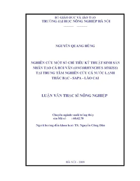 Nghiên cứu một số chỉ tiêu kỹ thuật sinh sản nhân tạo cá hồi vân oncorhynchus mykiss tại trung tâm nghiên cứu cá nước lạnh thác bạc sapa lào cai