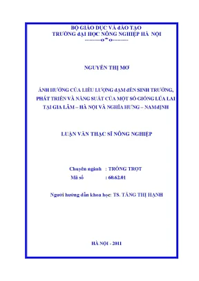 Ảnh hướng của liều lượng đạm đến sinh trưởng phát triển và năng suất của một số giống lúa lai tại gia lâm hà nội và nghĩa hưng nam định